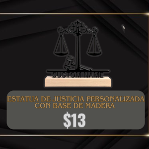 ESTATUA DE JUSTICIA PERSONALIZADA CON BASE DE MADERA